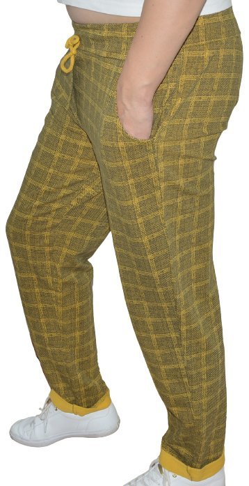 Spodnie damskie bawełniane włoskie dresowe w kratkę musztardowe