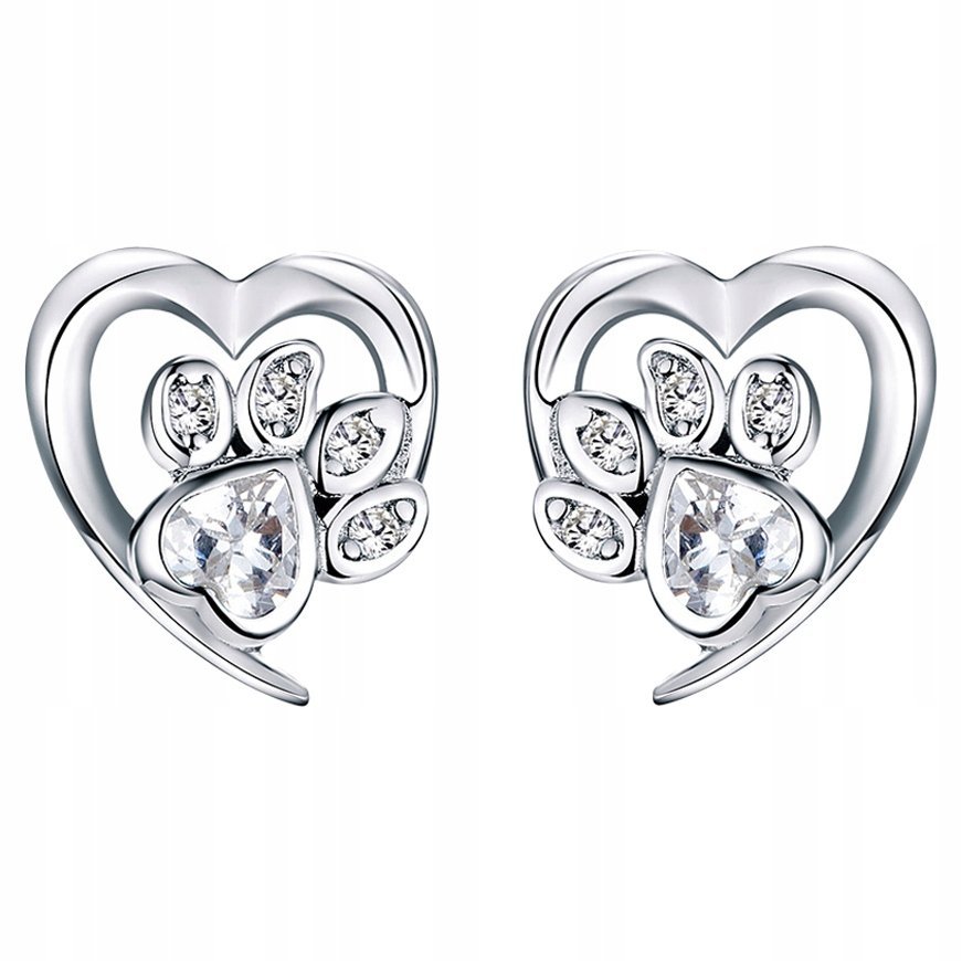 KOLCZYKI srebrne SERCE Z ŁAPKĄ cyrkonie S925 ks059