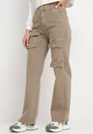 Spodnie damskie - Jasnobeżowe Spodnie Bojówki z Regularną Talią i Kieszeniami z Klapą Elarial - miniaturka - grafika 1