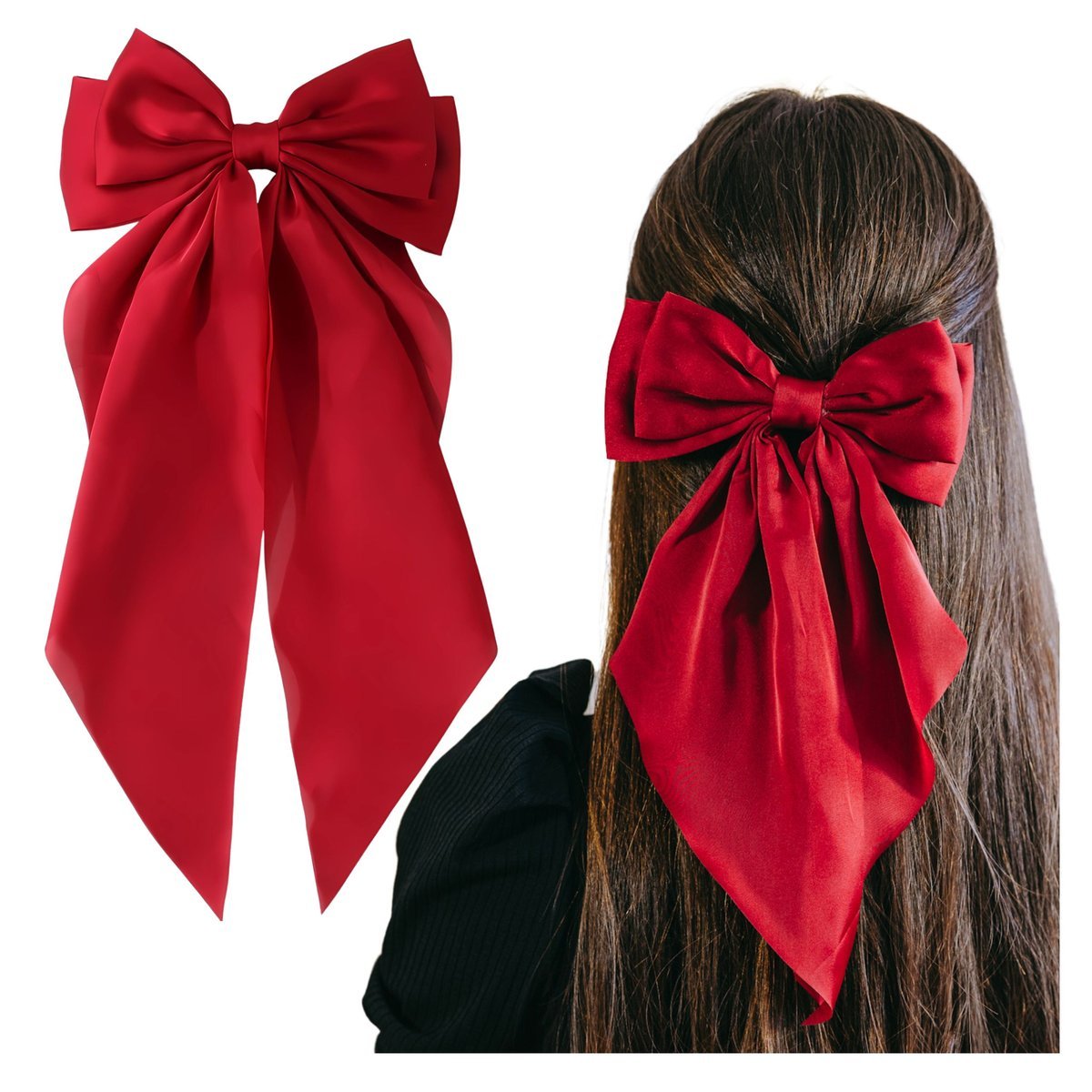 Kokarda do Włosów Czerwona Długa Ozdobna Spinka Satynowa Kobieca Elegancka