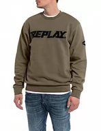 Bluzy męskie - Replay Męska bluza z logo bez kaptura, zielona (Dark Olive 928), M, Ciemna oliwka 928, M - miniaturka - grafika 1