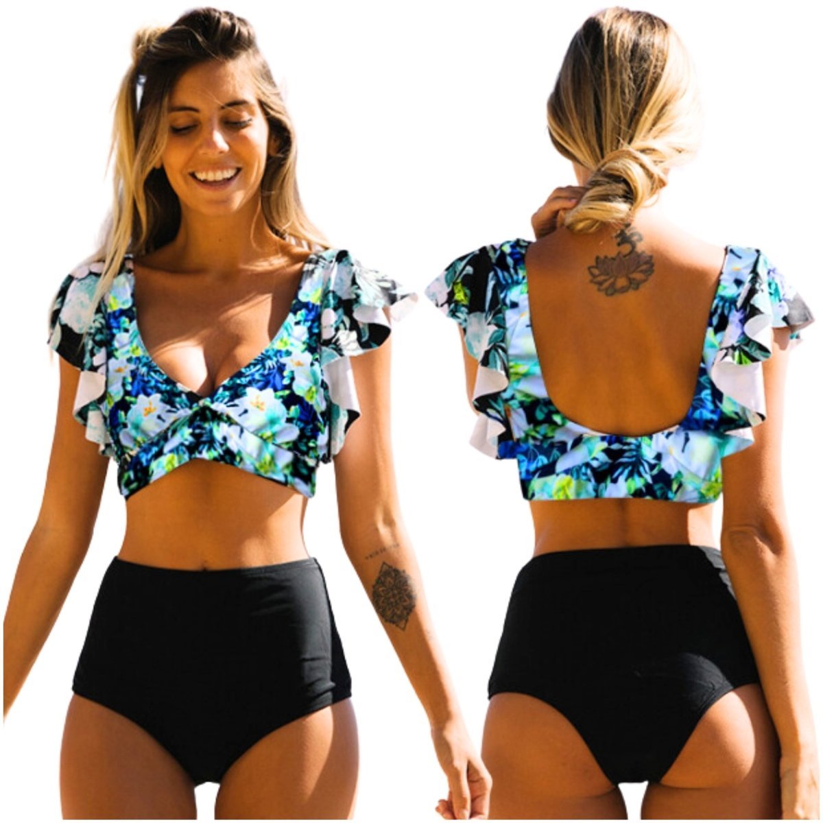 STRÓJ KĄPIELOWY DWUCZĘŚCIOWY KOSTIUM BOHO KOMPLET DAMSKI MODELUJĄCY CZARNY