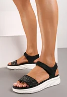 Sandały damskie - Czarne Sandały na Platformie Zapinane na Rzep Ozdobione Cyrkoniami Kristal - miniaturka - grafika 1