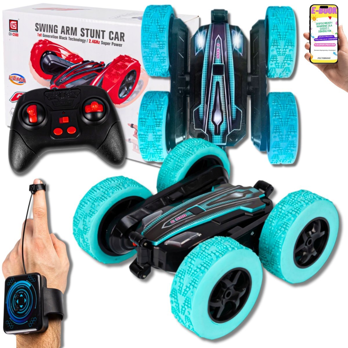 AUTKO SAMOCHÓD TWISTER KASKADERSKI AUTO STEROWANY GESTEM I PILOTEM OBROTY 360° ŚWIATŁA LED AKROBATA Prezent Dla 9 10 11 12 13 latka + EBOOK