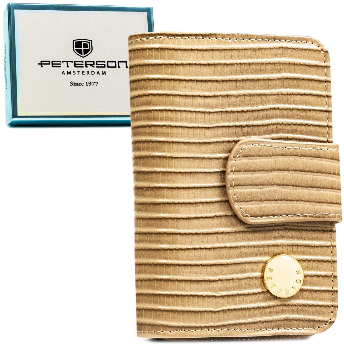 Mały portfel damski PETERSON rfid stop skóra naturalna i ekologiczna lakierowany pionowy na zatrzask i suwak beżowy karty gotówka pudełko producenta