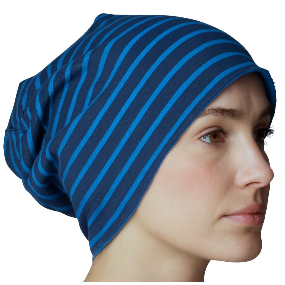 Czapka damska Beanie włoska cienka smerfetka granatowa w niebieskie paski