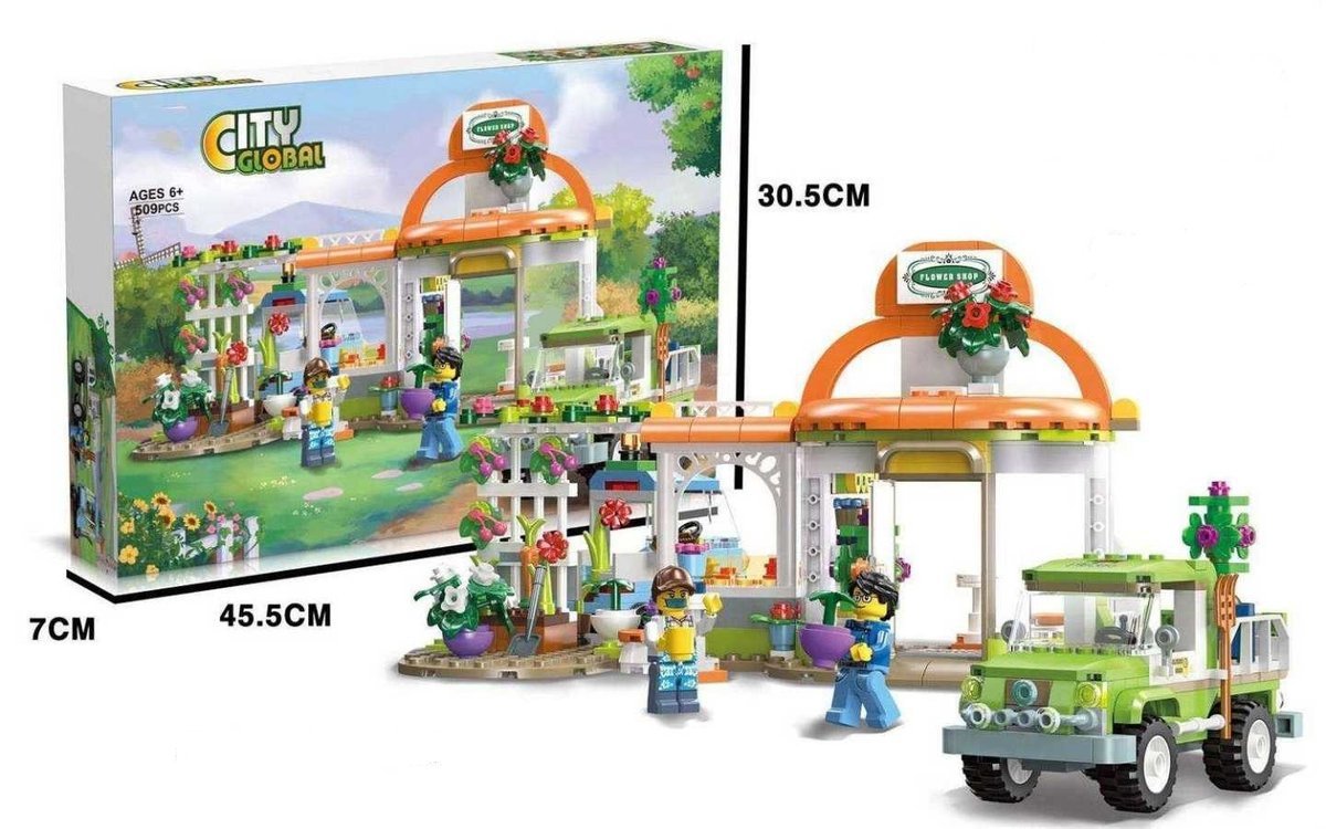 KLOCKI CITY GLOBAL – SKLEP Z KWIATAMI + SAMOCHÓD – 509 ELEMENTÓW