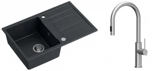 Quadron Zlewozmywak granitowy jednokomorowy 78*50*22 cm z ociekaczem MORGAN 111 BLACK DIAMOND ze stalowym odpływem z baterią JENNIFER Q LINE SLIM z wyciąganą wylewką i funkcją prysznica kolor stal szczotkowana - Zlewozmywaki z baterią - miniaturka - grafika 1