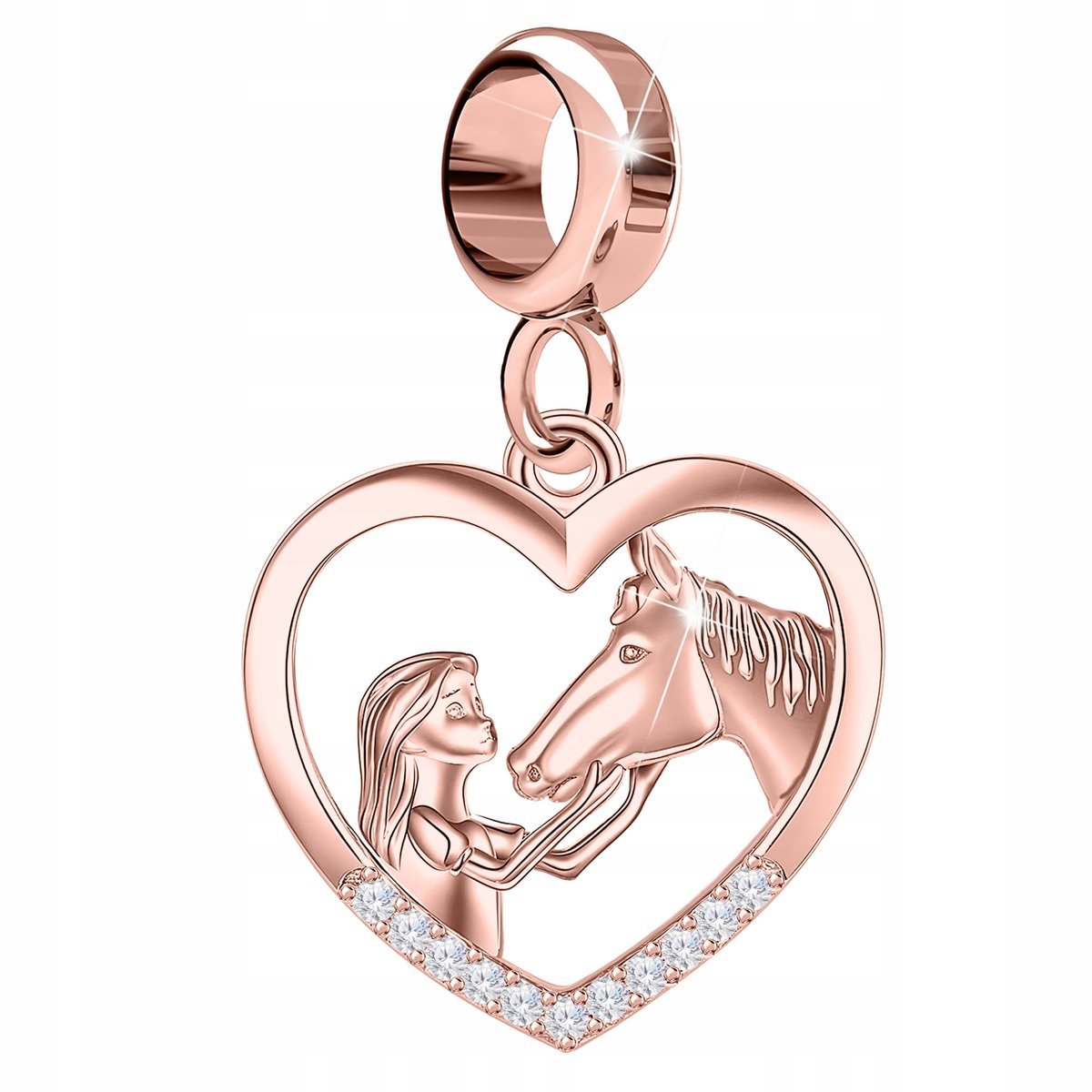 RÓŻOWY CHARMS 925 Dziewczyna z Koniem z Cyrkoniami Koń Serce Serduszko Love