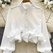 Koszule damskie - TEMU Elegancka Bluzka Damska z Krótkim Rękawem - Długi rąbek, Kołnierzyk i Mankiety w Falbankach, Jednokolorowa Koszula na Śluby, Przyjęcia & Biuro – - miniaturka - grafika 1