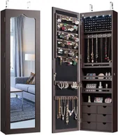 Biżuteria - akcesoria - Szafka na biżuterię z automatycznym oświetleniem LED, stojak na biżuterię z 6 szufladami i 3 półkami oraz lustrem, organizer na kolczyki bransoletki naszyjniki pierścionki kosmetyki, montaż na drzwiach i ścianie (brązowy) - miniaturka - grafika 1