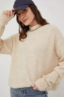 Swetry damskie - Superdry sweter z domieszką wełny damski kolor beżowy lekki z półgolfem - grafika 1