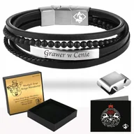 Bransolety męskie - Bransoletka Męska Skórzana Czarna Stal 316 Grawer Dla Taty Męża Chłopaka - miniaturka - grafika 1