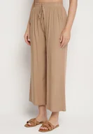 Spodnie damskie - Ciemnobeżowe Spodnie ne Spodnie z Szerokimi Nogawkami Palazzo z Gumką w Pasie Nesira - miniaturka - grafika 1
