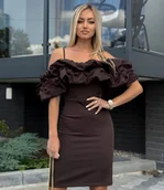Sukienki - Sukienka Wieczorowa HISZPANKA Falbany Pióra Kobieca czekolada XS - miniaturka - grafika 1