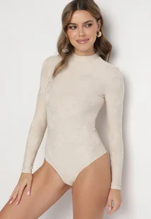 Beżowe Body z Wiskozą ze Stójką i Tłoczonym Wzorem Ravistea - Body - miniaturka - grafika 1
