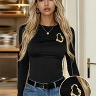 Bluzki damskie - TEMU Elegancka Bluzka Damska z Długim Rękawem i Marszczeniem na Biuście – Jednokolorowy Top z Okrągłym Dekoltem, Średnio Elastyczny, Nadający się do - miniaturka - grafika 1