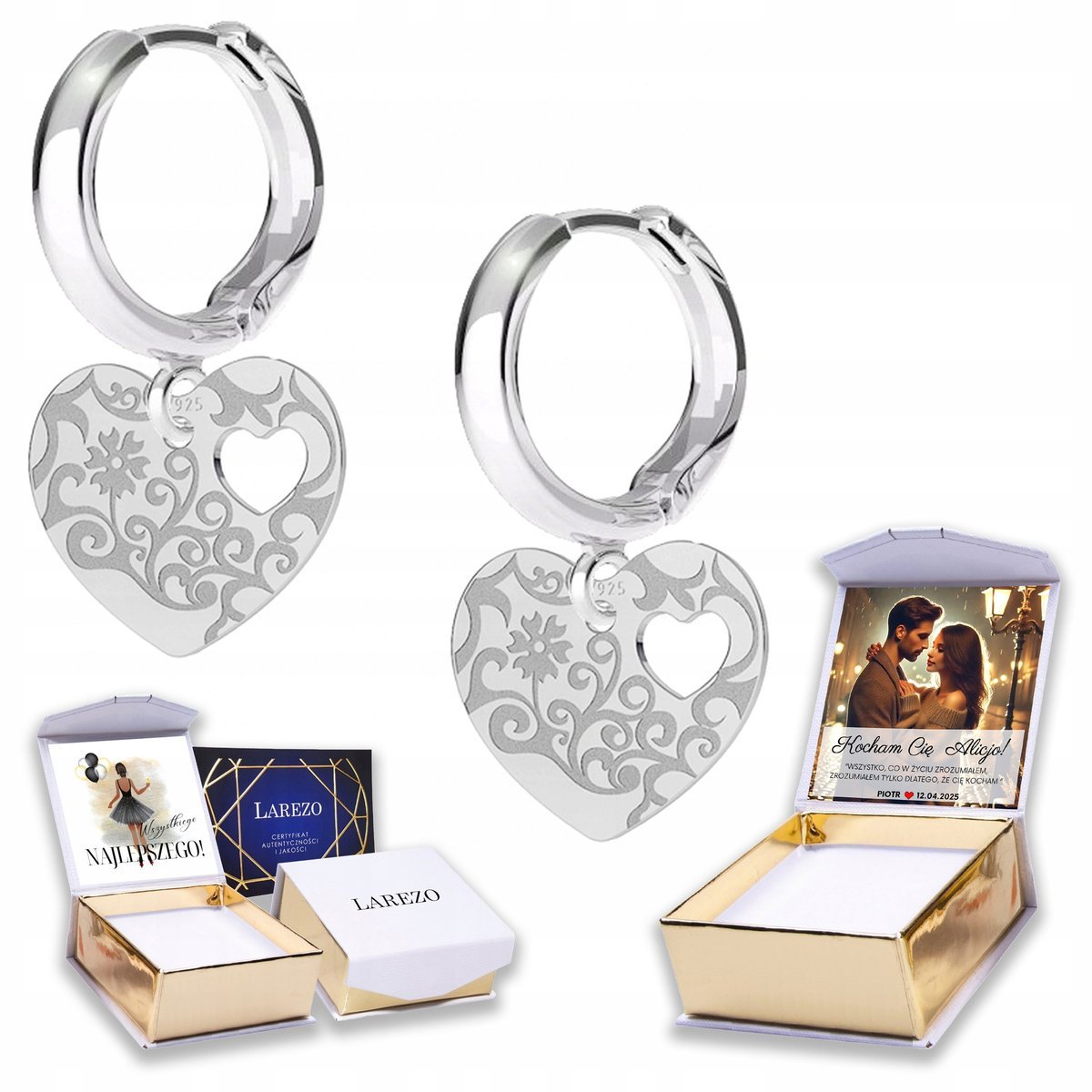 Kolczyki Srebrne 925 Serca Serduszko Blaszki z Ozdobne Serduszko NADRUK