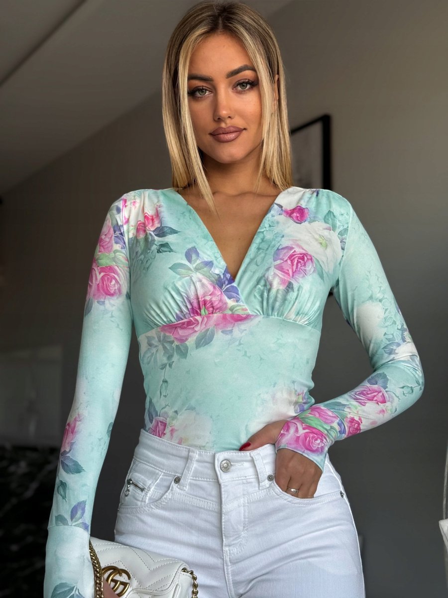 Elegancka Bluzka Marina NOWA KOLEKCJA Nakładany Palec Mięta Kwiaty Wzór XS