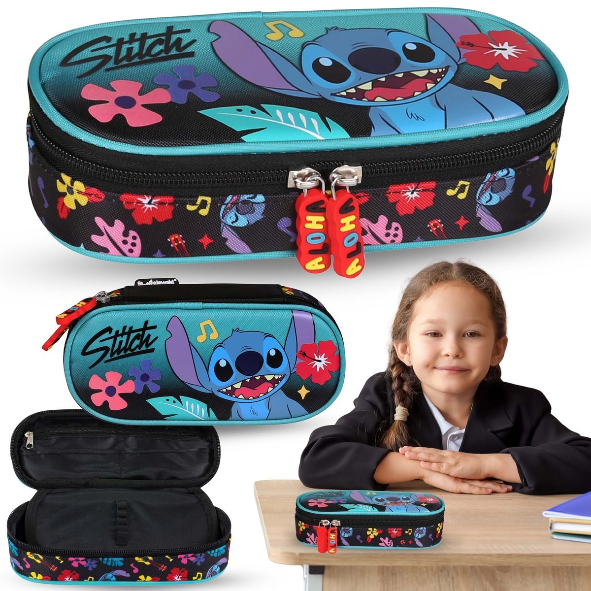 DISNEY Stitch Miętowo-czarny KOMOROWY piórnik szkolny, saszetka dla dziewczynki 5x20x9cm
