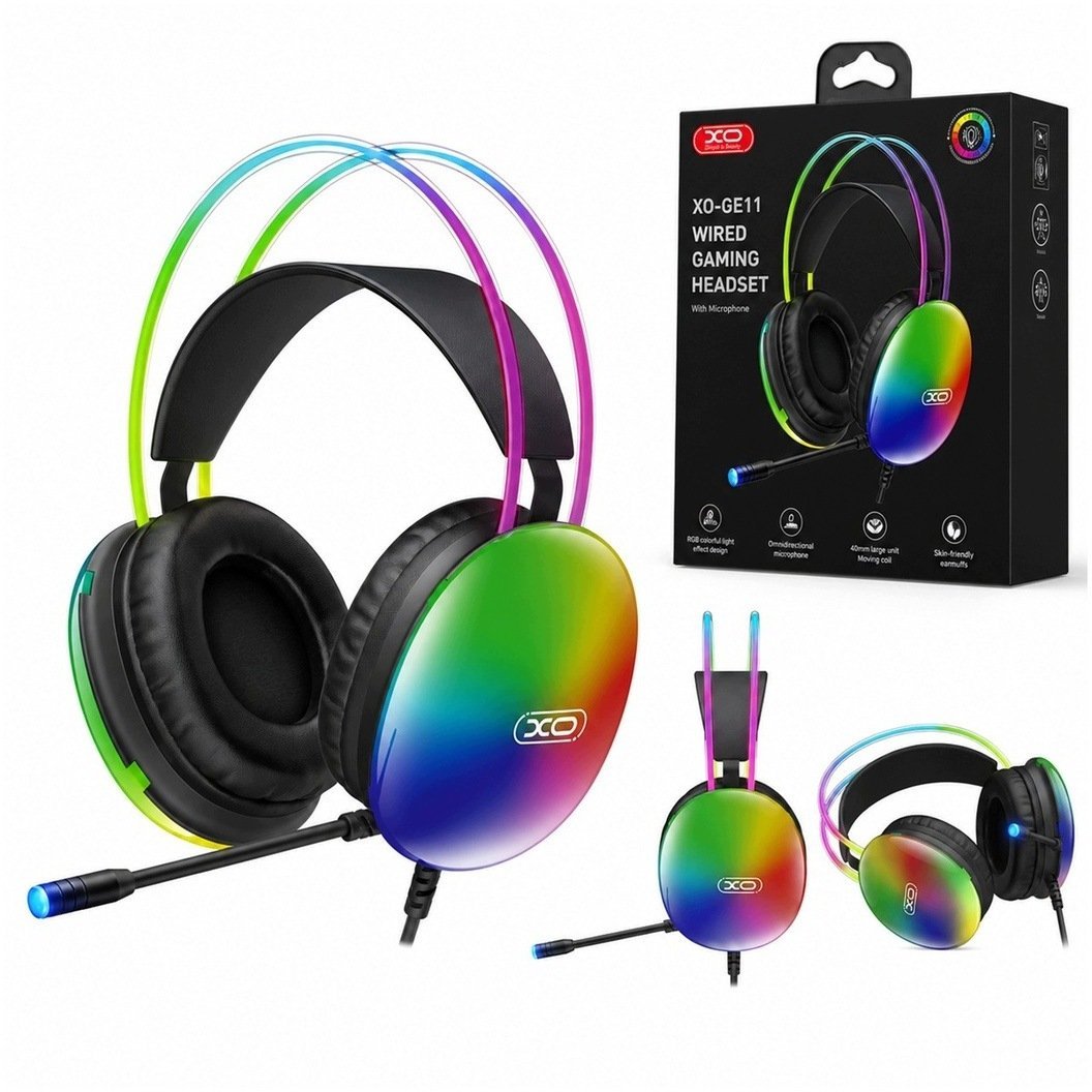 XO Przewodowe jack 3,5mm - USB-A nauszne czarne RGB mikrofon GE11