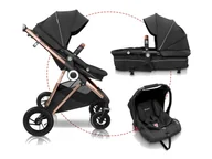 Wózki dziecięce - BabyGO Wózek 3w1 Buggy «Halime AIR Pram », z gondolą, spacerówką i fotelikiem samochodowym (Złoty czarny) - miniaturka - grafika 1