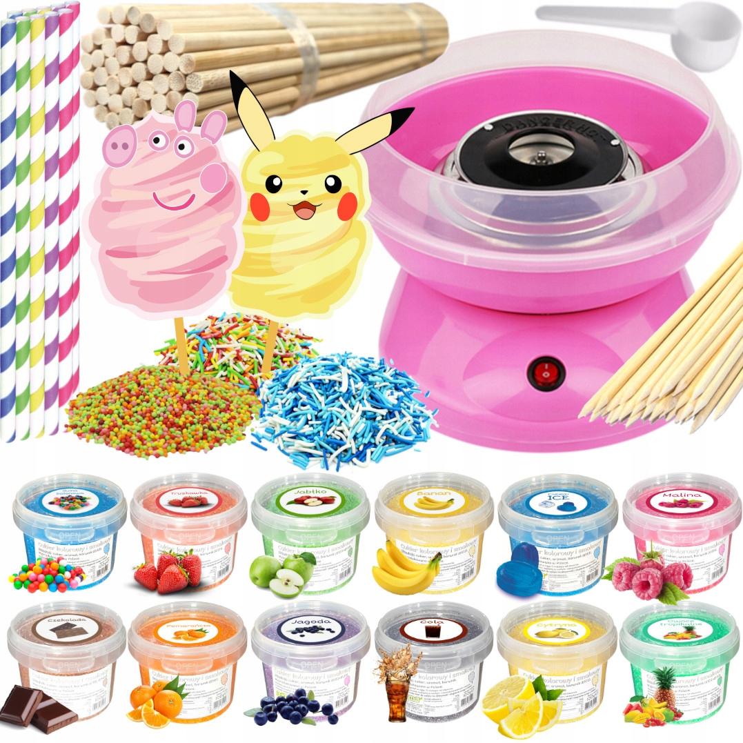 Zestaw Maszyna do Waty Cukrowej + Cukier 12x 100g Wiaderka+ Patyki+ Posypki