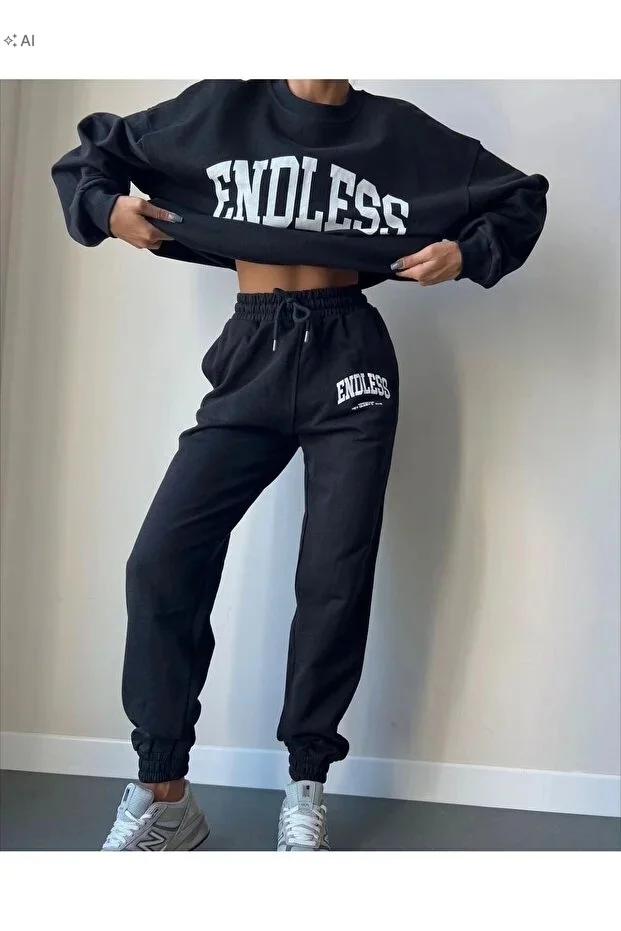 CZARNY DRES KOMPLET Z NADRUKIEM SPORTOWY I WYGODNY XL 5IA
