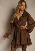 Sukienki - Brązowa Rozkloszowana Sukienka z Siateczki w Groszki z Falbankami Nesiba - Renee - miniaturka - grafika 1