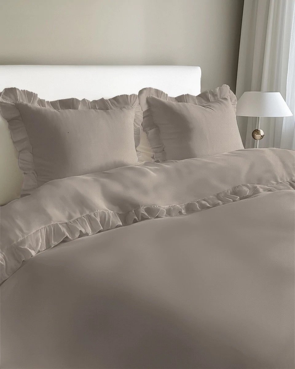 Pościel Z Falbaną 160x200 100% Bawełna Detexpol Pure Taupe/Ciemny Beż