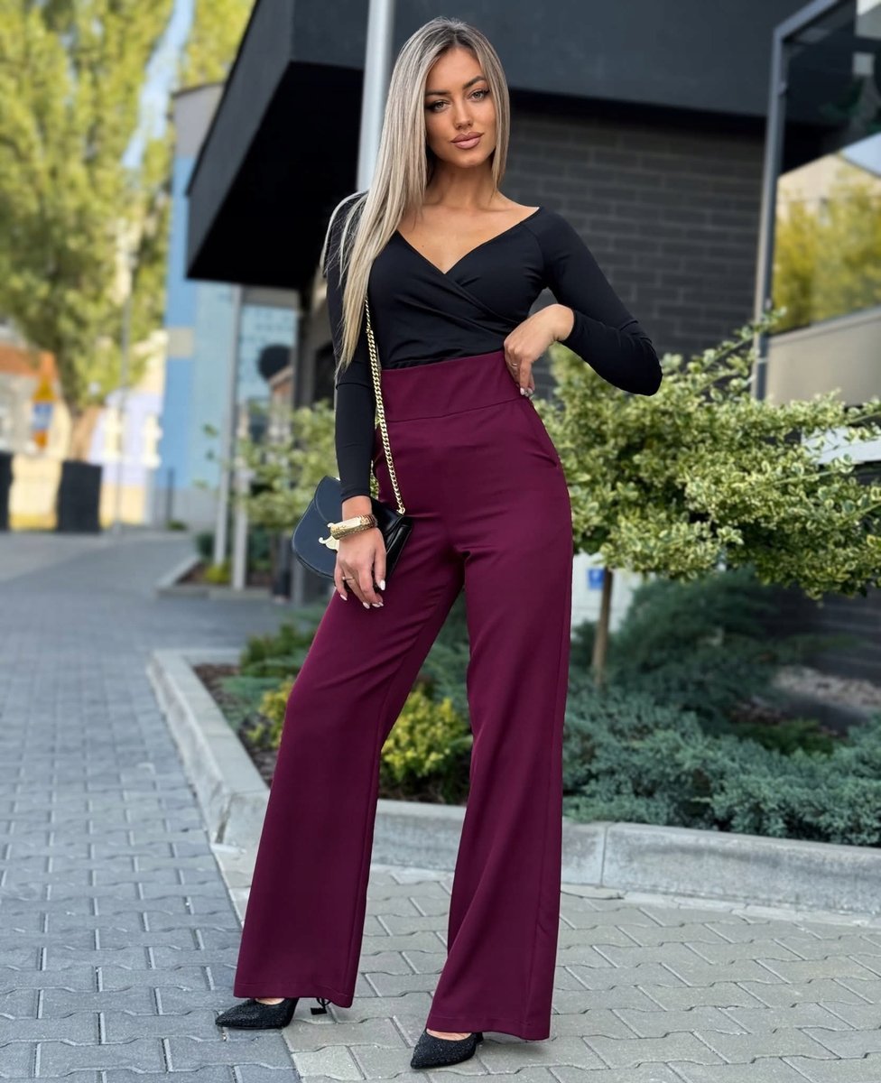 Eleganckie Spodnie Wysoki Stan Szeroka Nogawka Komfort Bordo XS