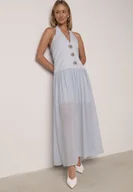 Sukienki - Niebieska Sukienka z Wiązanym Dekoltem Typu Halter i Biżuteryjnymi Guzikami Raena - miniaturka - grafika 1