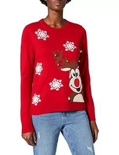 Swetry damskie - ONLY Damski sweter bożonarodzeniowy z dzianiny, renifer z dzwoneczkiem, Boże Narodzenie, High Risk Red/Reindeer Bells, M - grafika 1