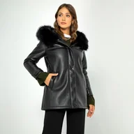Kurtki damskie - Damska kurtka ze skóry ekologicznej z futerkiem czarna - miniaturka - grafika 1