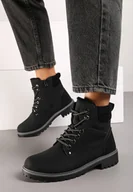 Botki damskie - Czarne Płaskie Klasyczne Traperki ze Sznurowaniem Lobanne - miniaturka - grafika 1