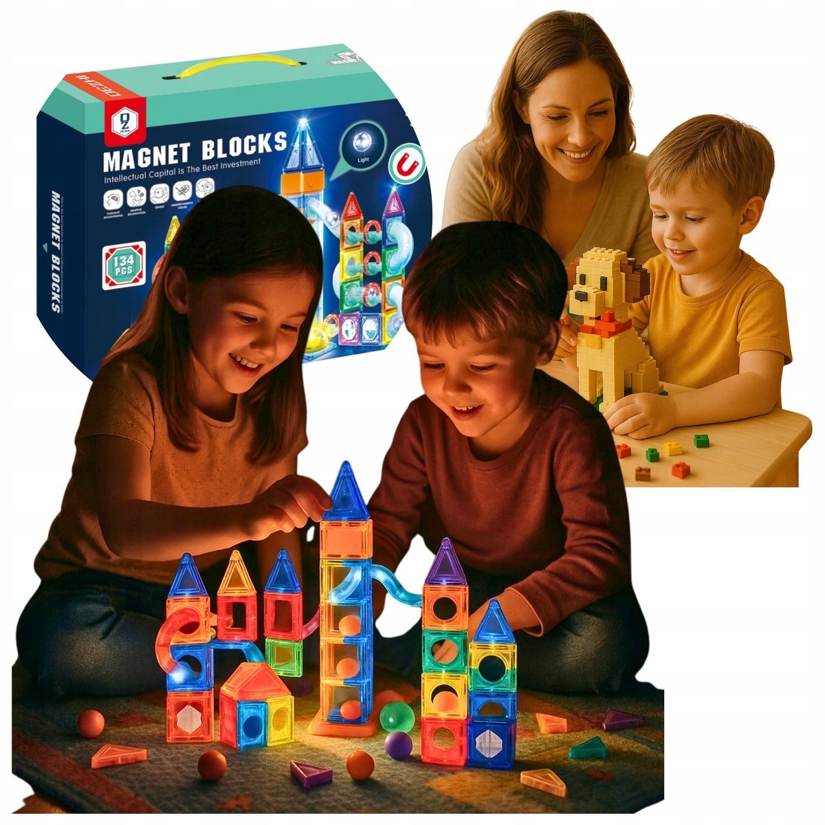 KLOCKI MAGNETYCZNE TOR KULKOWY KONSTRUKCYJNE KULODROM ŚWIECĄCE 131A-1 +GR