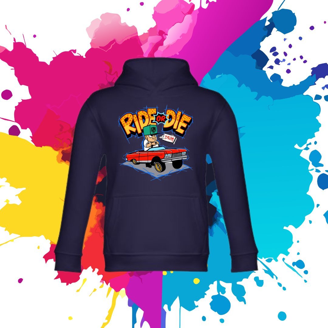 Bluza dziecięca typu kangurka z kapturem w kolorze granatowym z nadrukiem Ride or Die 4 lata