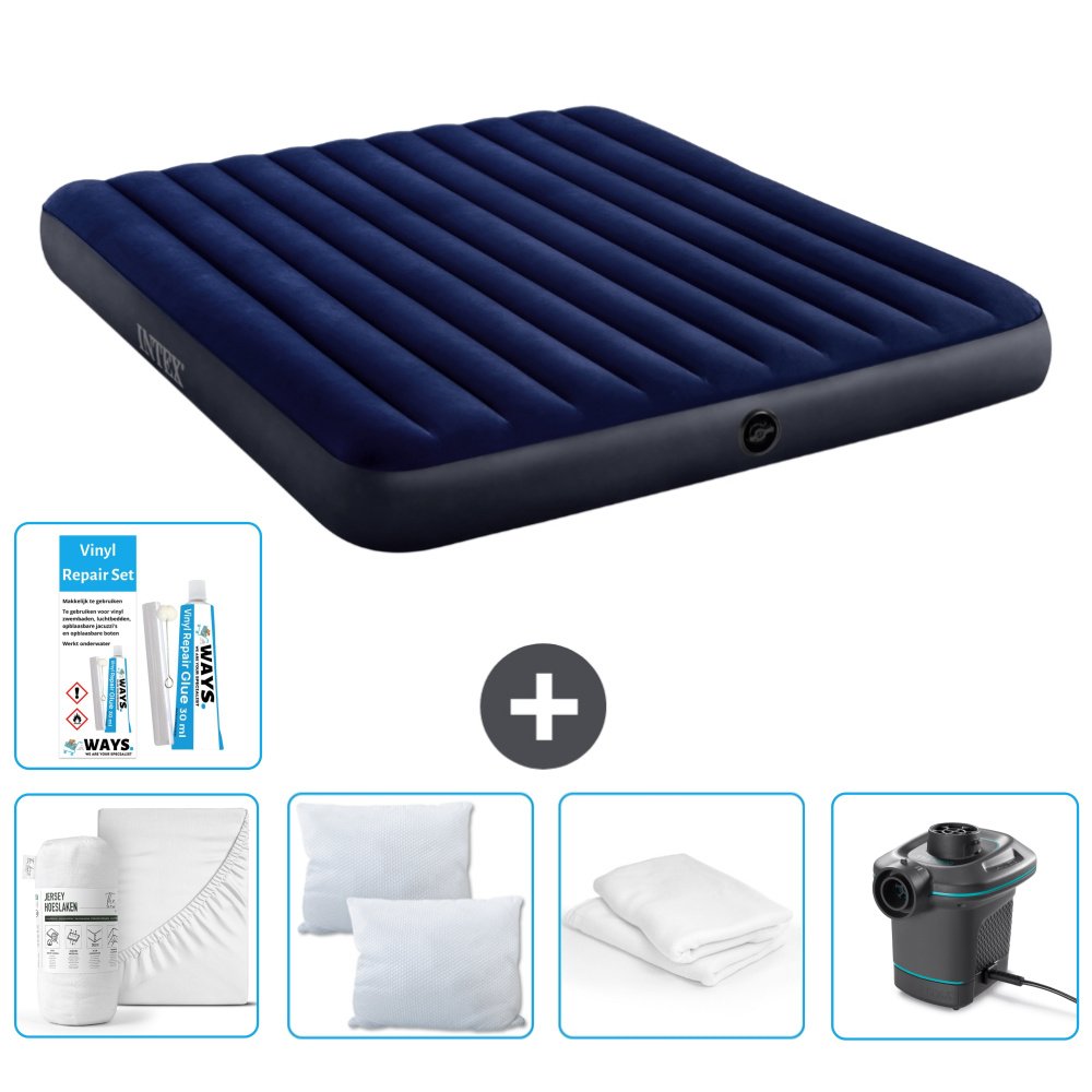 Dmuchane łóżko Intex - 2 osoby - 183 x 203 x 25 cm - niebieskie - w zestawie prześcieradło - buziak - pompka - zestaw naprawczy en ochraniacz na poduszkę
