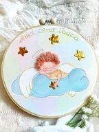 Ikony i obrazy sakralne - Pastelowy obrazek - aniołek na chmurce, personalizowana pamiątka Chrztu narodzin dziecka - miniaturka - grafika 1