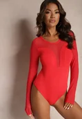 Body - Czerwone Wiskozowe Body z Transparentnymi Wstawkami i Zapięciem na Haftki Maivia - miniaturka - grafika 1