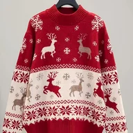 Swetry damskie - TEMU Przytulny Czerwony Sweter Damski z Wzorem Świątecznego Renifera i Płatka Śniegu - Gruby Zimowy Pulower, Długi Rękaw, Okrągły Dekolt, Idealny na - miniaturka - grafika 1