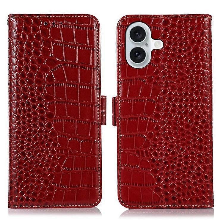 Kompatybilny z etui na iPhone'a 16 Prawdziwa skóra bydlęca RFID Blokujący portfel z klapką na telefon Czerwony