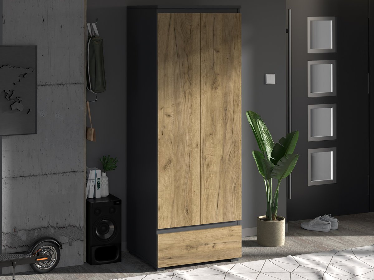 Szafa ubraniowa Neo 04 – duża i pojemna garderoba, antracyt / dąb craft, 65 cm
