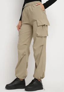 Beżowe Spodnie Typu Bojówki z Gumką w Pasie i Ściągaczami przy Nogawkach Bioliana - Spodnie damskie - miniaturka - grafika 1