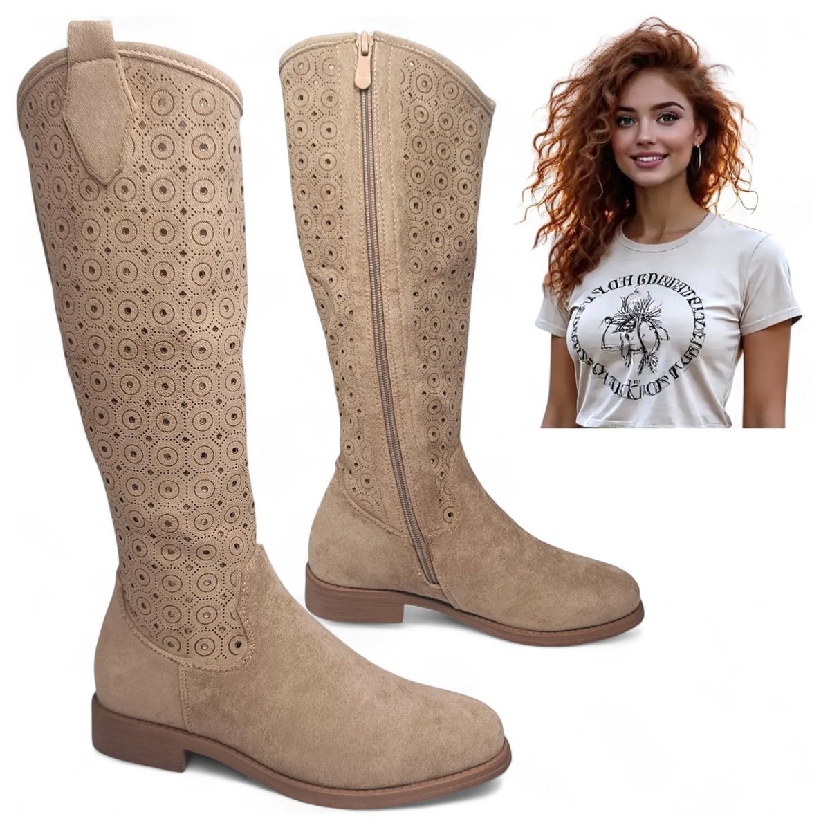 Damskie Kowbojki Ażurowe Kozaki Zamszowe Jesienne Eleganckie Beż Barski 38