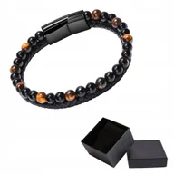 Bransolety męskie - Czarna Skórzana Bransoletka Męska Pleciona Kamień Naturalny Tygrysie Oko - miniaturka - grafika 1