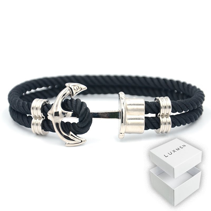 Męska Bransoletka Pleciona Kotwica Czarna Srebrna