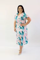 Sukienki - Elegancka sukienka z rozcięciem Gret Biało-różowo-turkusowa 38 - miniaturka - grafika 1