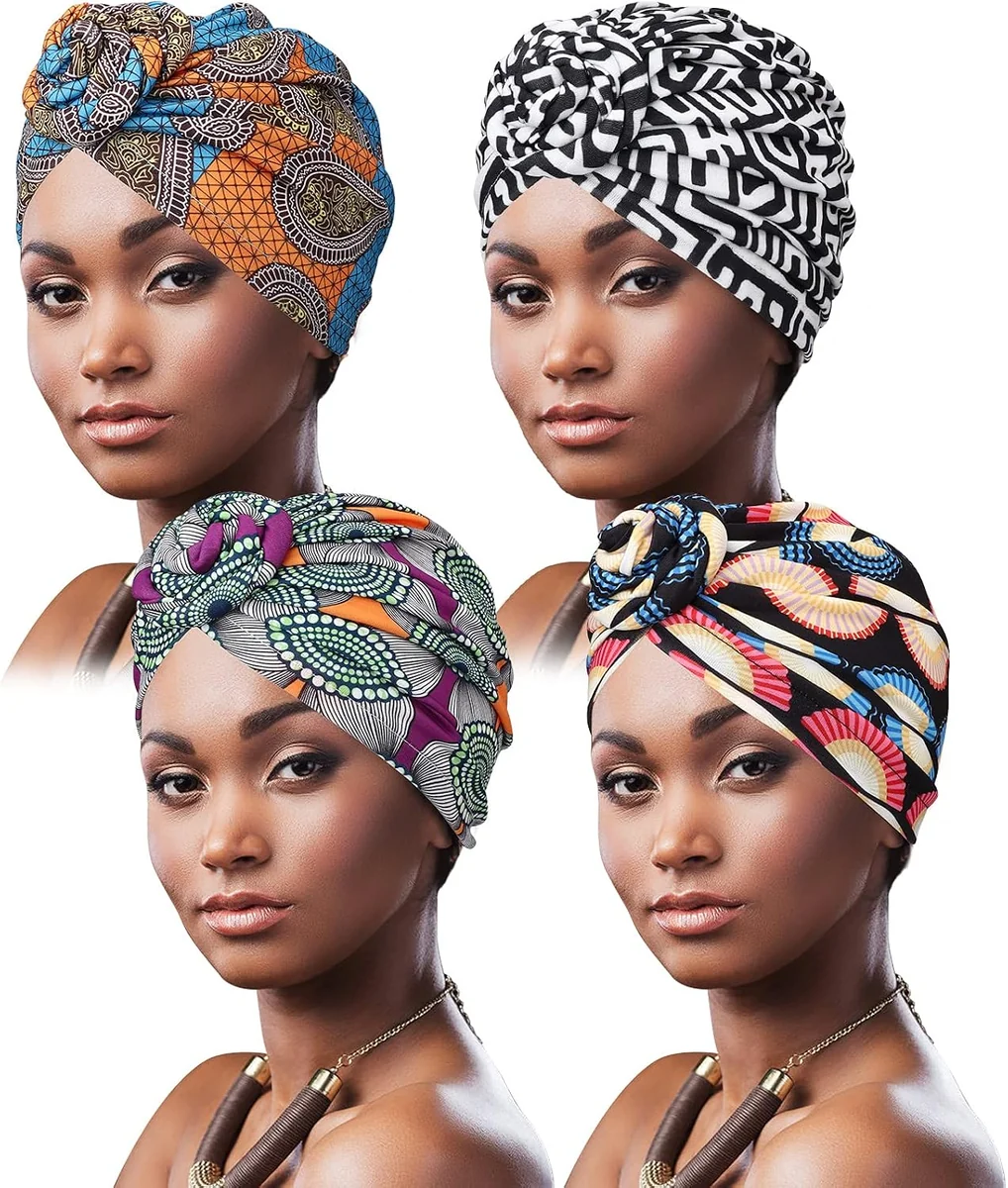 TURBAN DAMSKI 4 SZTUKI ELASTYCZNY CZAPKA WĘZEŁ CHUSTA GŁOWĘ MIĘKKI MODNY