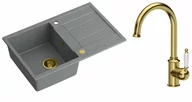 Zlewozmywaki z baterią - Quadron Zlewozmywak granitowy jednokomorowy 78*50*22 cm z ociekaczem MORGAN 111 SILVER STONE ze złotym odpływem z baterią RACHEL Q LINE kolor złoty - miniaturka - grafika 1